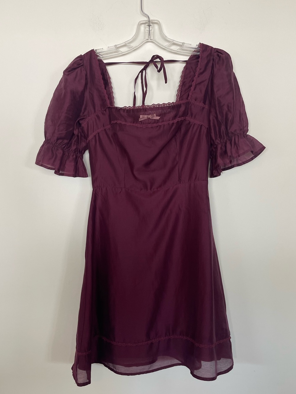 Zoco Winnie Mini Dress Plum Puff Sleeve Square Neck Lace Time Smocked Lined XS
